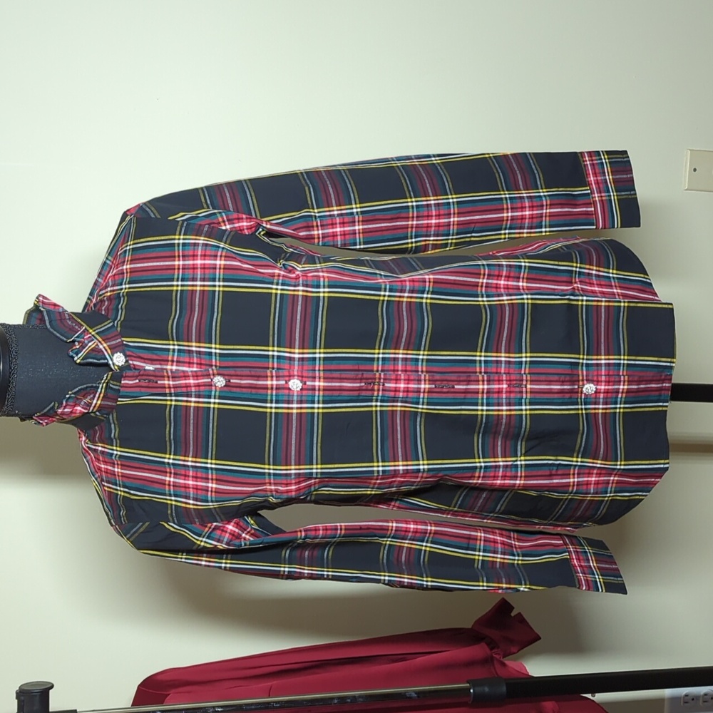 JCREW, Size XS, Tartan Plaid Ruffle Button-Up Long Sleeve Shirt Jeweled Buttons